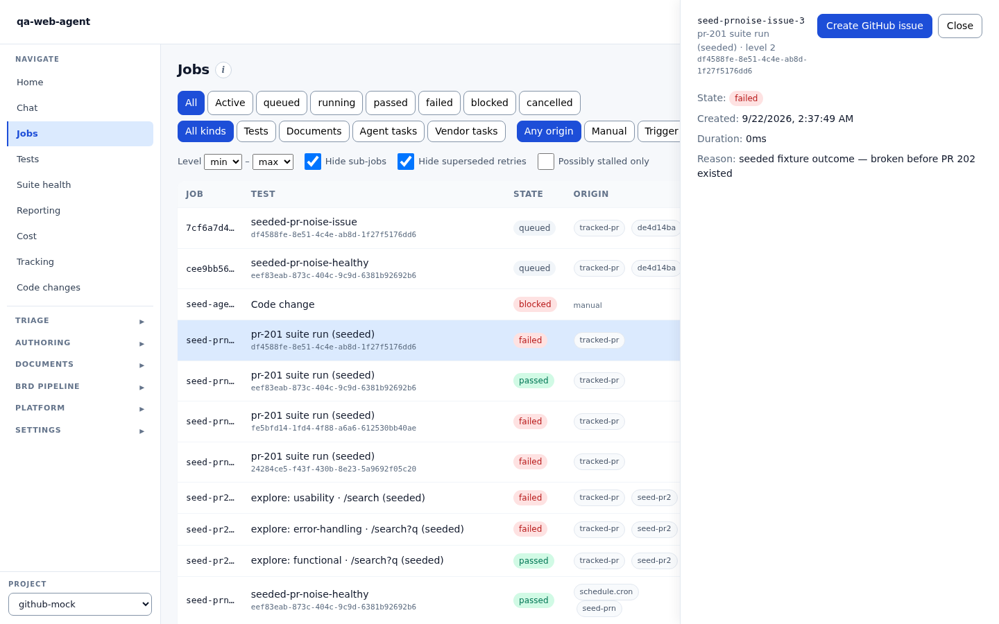 The Jobs view with a failed job's detail panel open: state, reason, and the Create GitHub issue action.