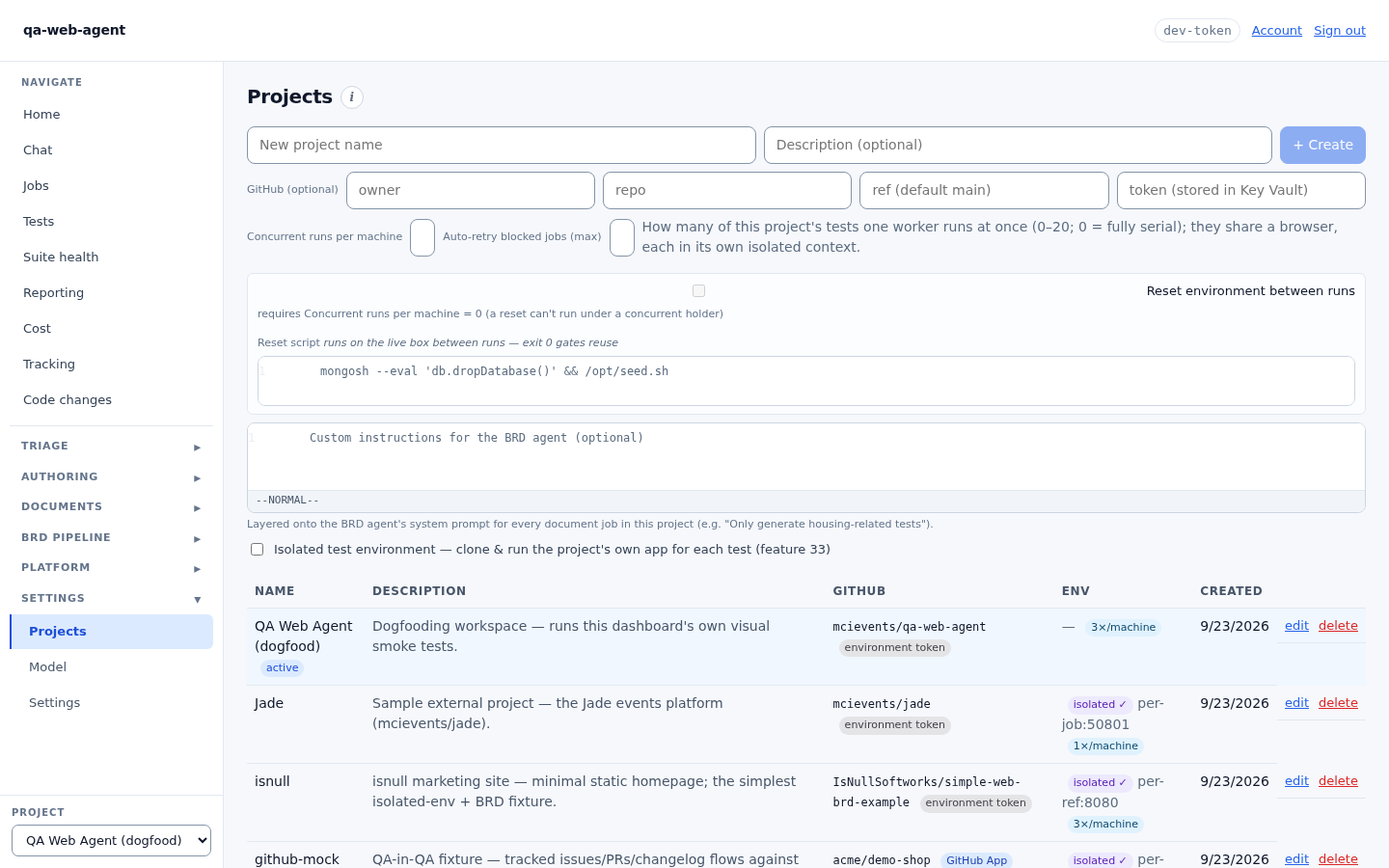 The Projects view: several products side by side, each with its own repository, environment and model settings.